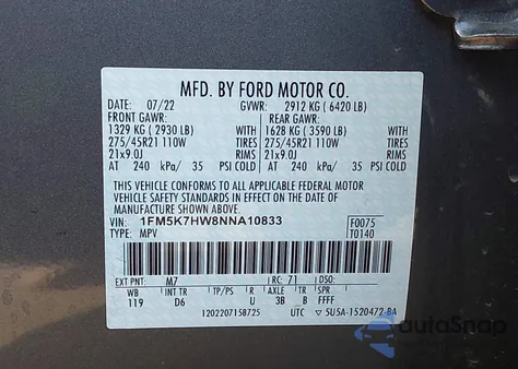 2022 Ford Explorer Platinum из США, поврежденный, VIN 1FM5K7HW8NNA10833